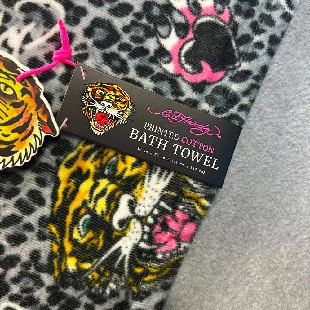Ed Hardy 3 Pc Towel Set Tiger Leopard Print Y2K Bath 28x54 Hand 16x26 Cotton